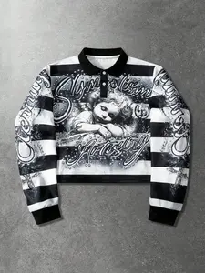 Men's Pullover Hoodie with Angel Print and Striped Design, Lightweight Casual Spring & Fall Attire for Street Style, Unisex Fashion for Everyday Wear, Graphic Sweatshirts