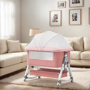 3 in 1 Baby Bassinet Bedside Sleeper with Wheels & Mosquito Net, Adjustable Height Baby Bassinet with Mattress & Breathable Mesh, Portable Newborn Bassinet with Storage Basket to crib cot