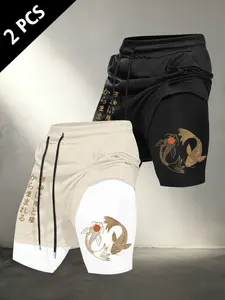 Men's Koi Fish & Japanese Text Print 2-in-1 Gym Shorts 2-Pack, Athletic Compression Liner Shorts, Workout & Casual, Athleisure Shorts #KoiFishShorts #JapaneseStreetwear #2in1GymShorts #WorkoutEssentials #TikTokMadeMeBuyIt