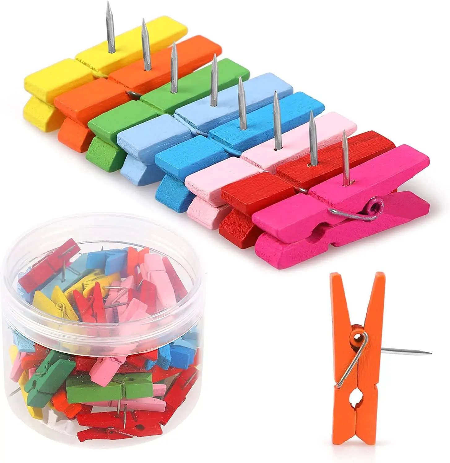 50 PCS Colorful Push Pin with Wooden Clips, Durable, Decorative Pushpins Tacks Thumbtacks for Cork Board Artworks Notes Photos, Craft Projects, Offices and Homes, Eco-Friendly, 0.7 Cm Width