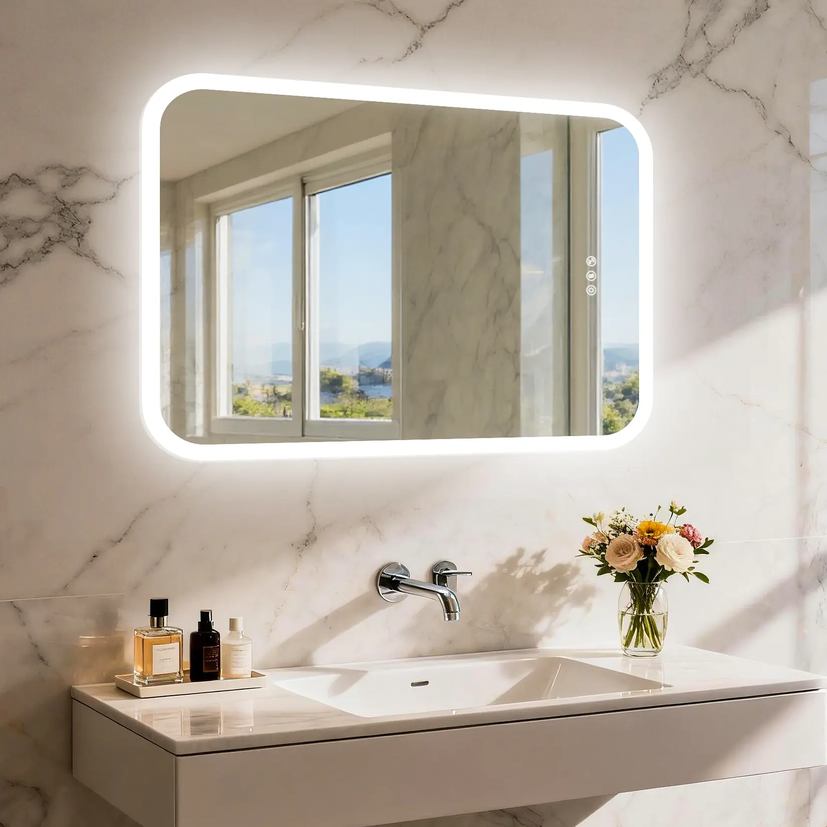 LED Bluetooth Bathroom Mirror with Speakers, Anti-Fog, Dimmable Light, Wall-Mounted Mirror with Bluetooth, Rounded Corners, Plug-in/Hardwired