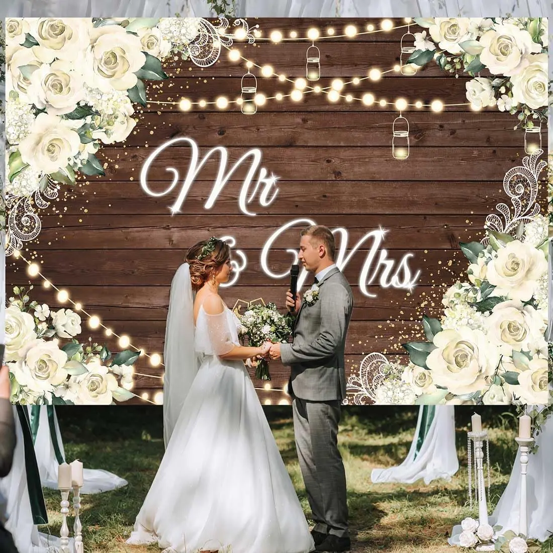 Rustic Floral Wedding Backdrop Wooden Style Polyester Fabric Photography Background Wrinkle Resistant HD Print Engagement Party Decor Photo Booth