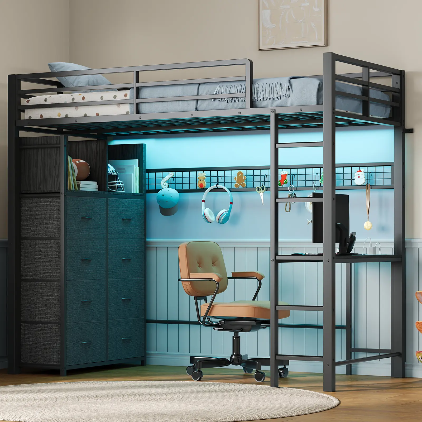 FUSOU Twin Size Loft Bed with Desk and 8 Fabric Drawers, Black Metal Loft Bed with RGB LED Lights, Charging Station, Storage Shelves, Grid Panel with 6 Hooks, Ladder and Guardrails