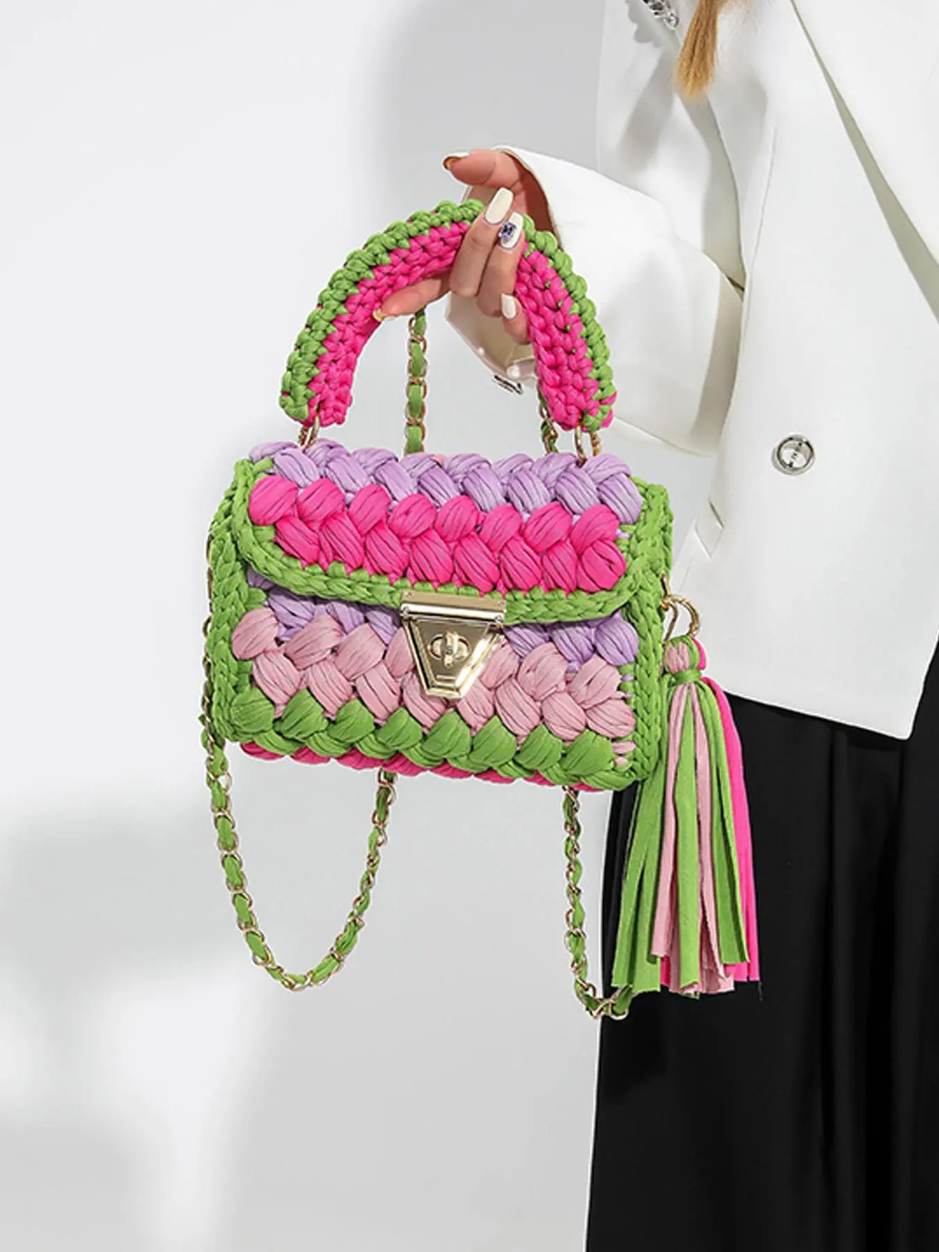 Women's Colorblock Handbag, Fashionable Crochet Bag for Daily Used, Casual Trendy Versatile High-quality Daily Commuting Bag, Girl Fashionable Shopping Bag, Colorblock Purse, Casual Trendy Purses, Trendy Commuter Purse