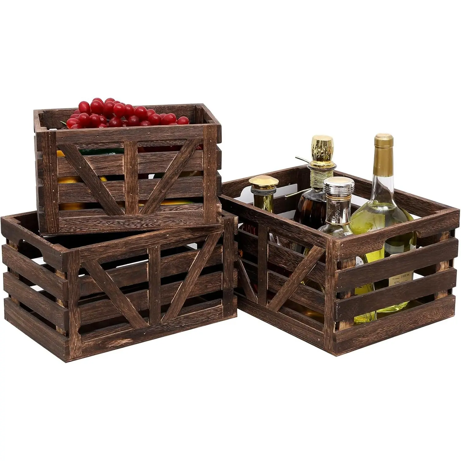 Rustic Wooden Storage Crates Set (3 Pieces, Nested) - Farmhouse Organiser with Handles for Bedroom, Home Decor & Supplies (Assorted Sizes: Large, Small)