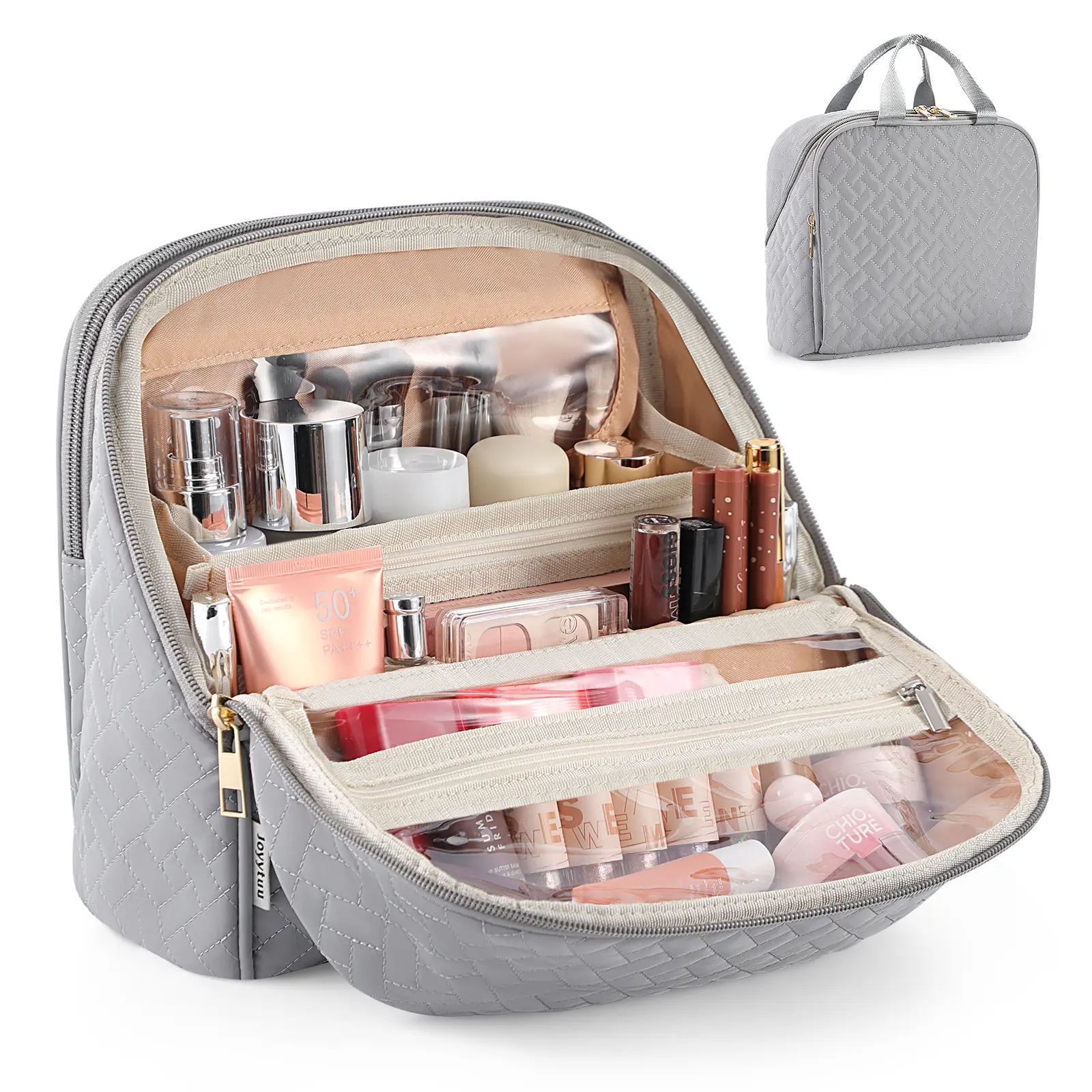 Grey Large-Capacity Waterproof Makeup Bag - Portable Standing Beauty Storage Solution with Handle for International Travel, Beauty Storage Solutions