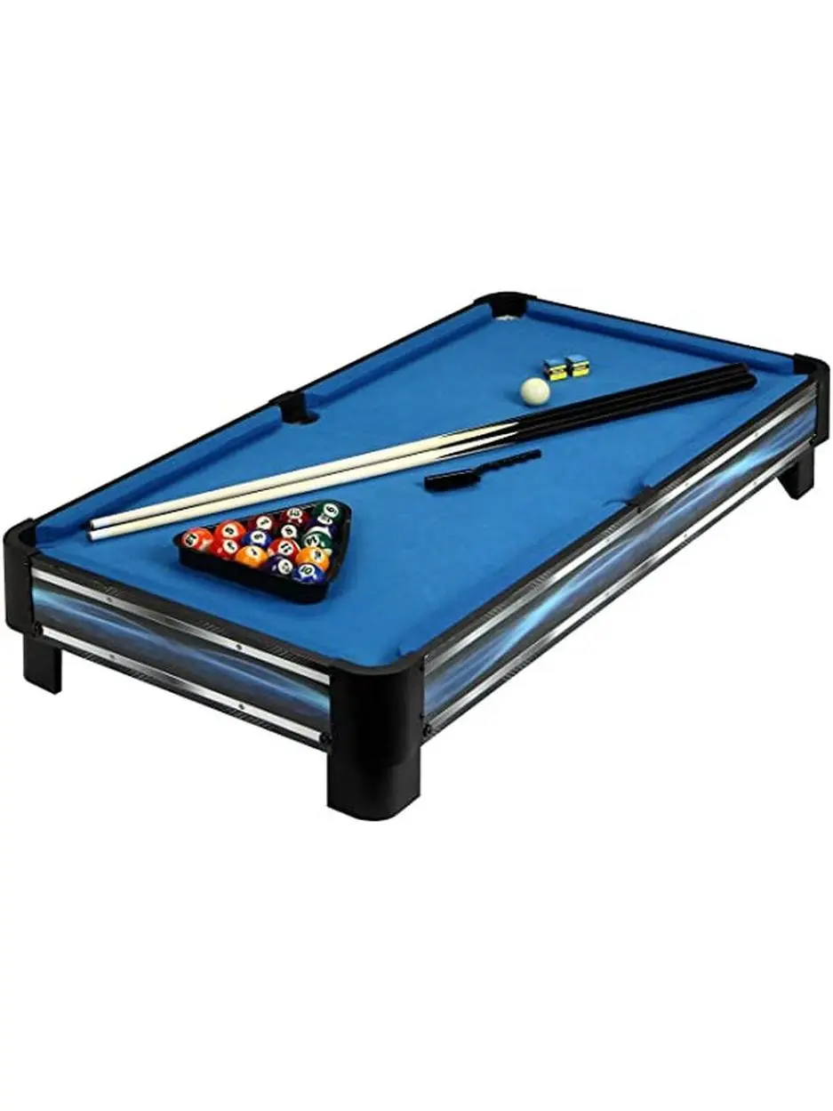 40-Inch Tabletop Pool Table for Kids, Engineered Wood with a Silver Finish, Blue Polyester-Wool Felt, Improves Hand-Eye Coordination for Children's Game Rooms