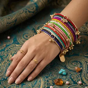 12 pcs Kashmiri bangles Turquoise Multicolor Glass Bangles with  4 Gold Charms – Trendy Ethnic Kashmiri bangles Bracelet Set for Women Anklet