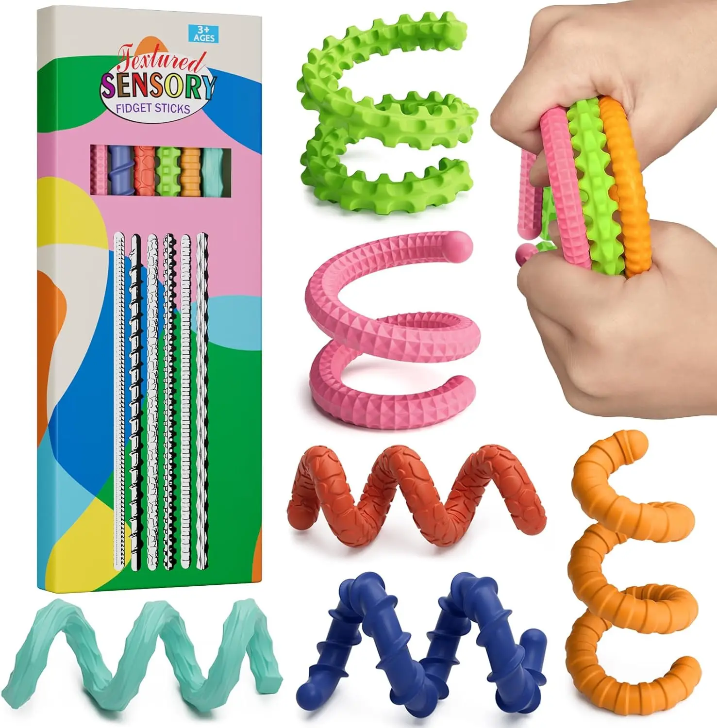 6 Pack Flexible Fidget Sticks, Sensory Tactile Toys for Kids & Adults, Bendable Twist Fidget Toys for Classroom, Travel, Office & Everyday Play