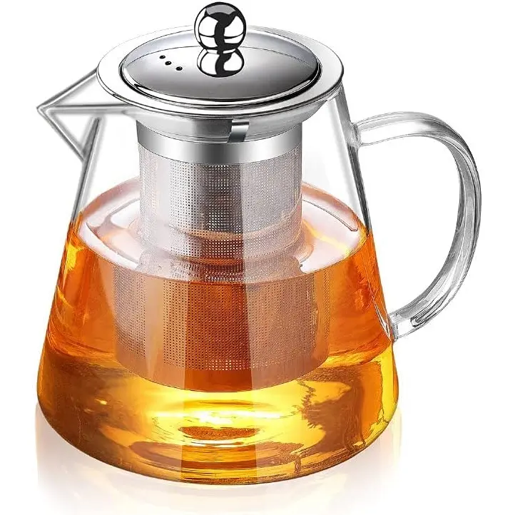 Glass Teapot with Removable Stainless Steel Infuser, Borosilicate Glass Tea Pot with Strainer,for Blooming Tea & Loose Leaf Tea, Microwave & Stovetop Safe