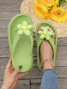 Women's Summer Beach Vacation Sandals, Thick Sole Flatform Sandals Anti-Slip Eva Slippers, Casual Plain Design, 6 Colors Available, DIY Five-Petal Flower