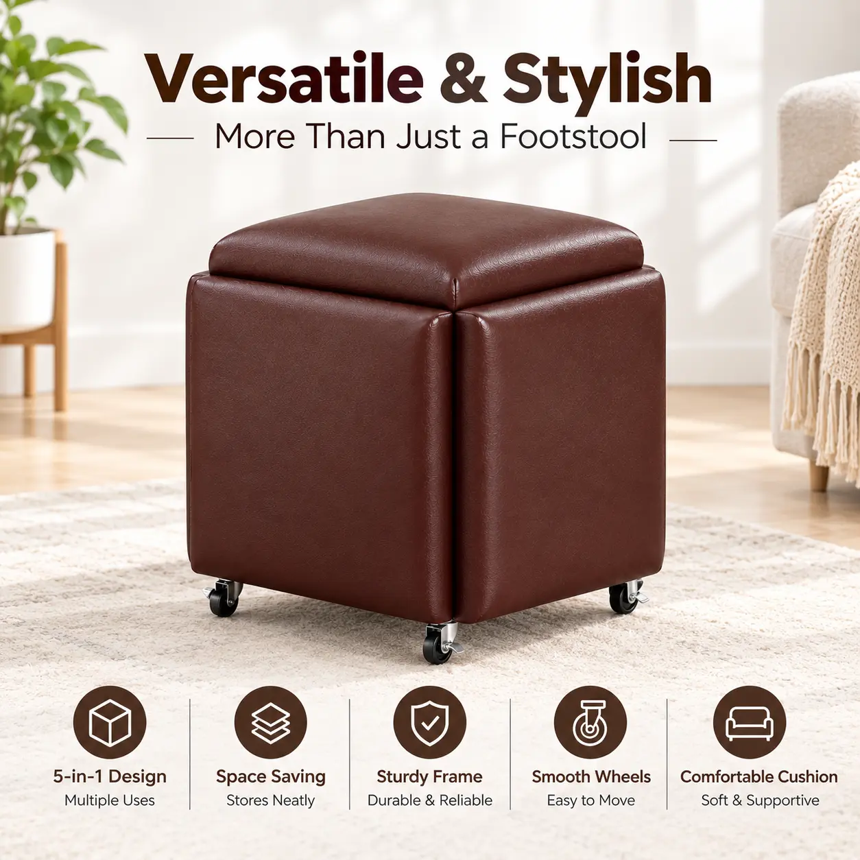 Square Upholstered Faux Leather Stool, Brown Padded Ottoman Footrest with Casters for Entryway, Bedroom and Living Room Home Seating