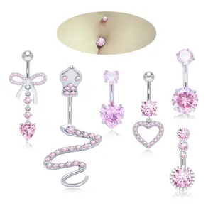 New 6pcs Belly Button Ring Set Cute Pink Heart Butterfly Bow Flower Navel Piercing Jewelry 14G Stainless Steel Dainty Dangly Dangling Body Style