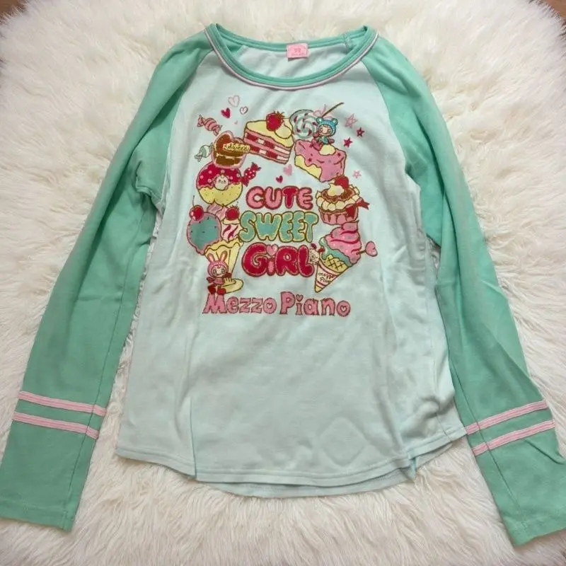 Pastel Color‑Block Raglan Long Sleeve T‑Shirt Cute Dessert Print Retro Sweet‑Style Blouse