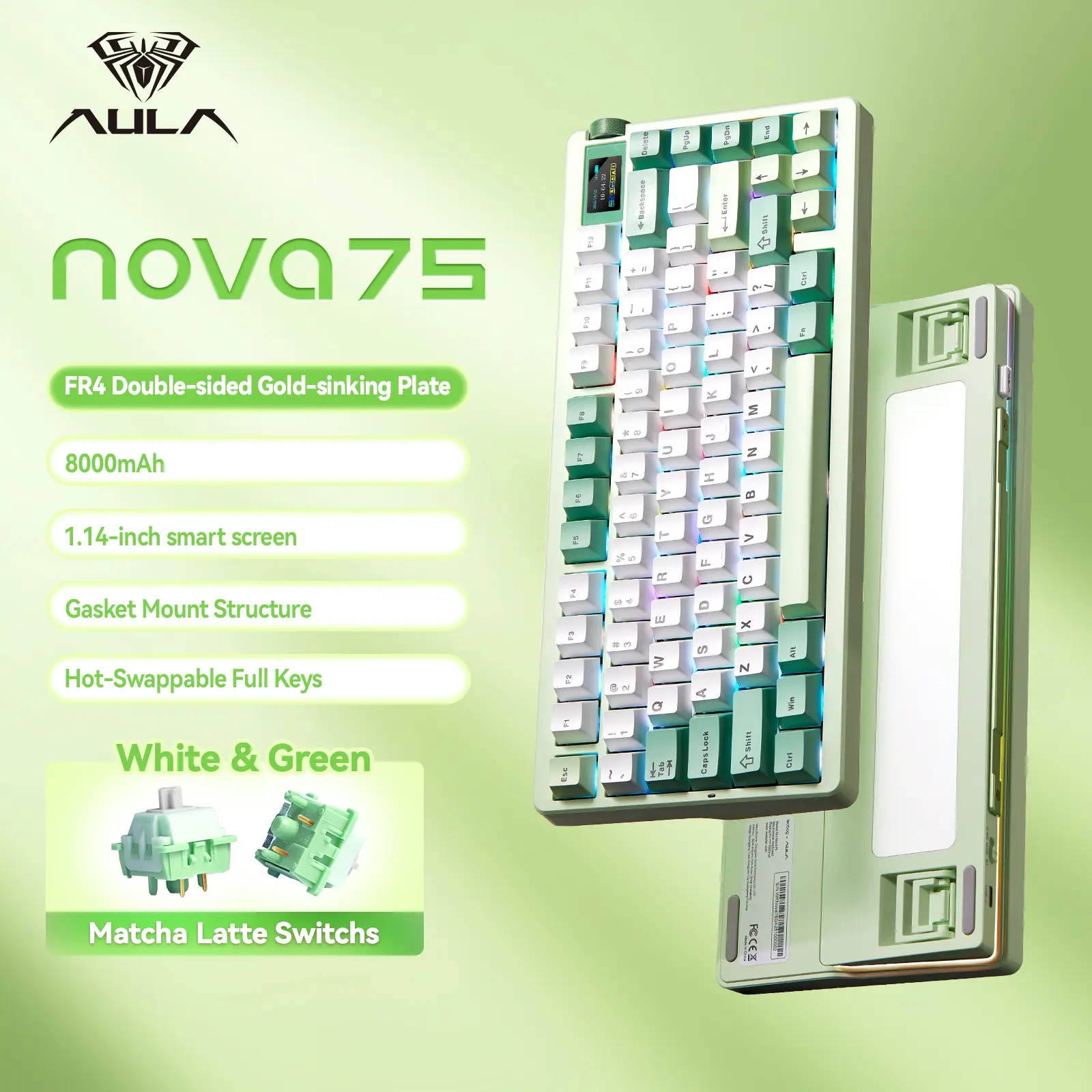 Aula Nova75 Mechanical Gaming Keyboard 8000mAh,Gasket Mounted with 75% Compact Layout,RGB Backlit,Custom Hot Swappable,Bluetooth Wireless /2.4GHz/USB-C Cream Keyboard Gaming for Win/Mac/iOS/Android