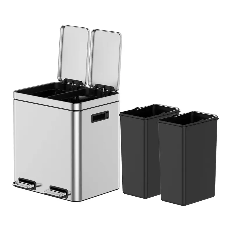 GARVEE Dual Trash Can,2*4 Gal (2 x 15L) Stainless Steel Trash Can with Recycling Bin,Soft-Close Lid,Step-on Garbage Bin-with Removable Plastic Inner Buckets