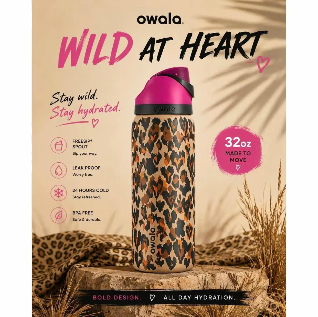 NEW Owala "Wild At Heart" 32oz Sip Free Limited Edition UO Cheetah Leopard Print  smooth816 (66) Business