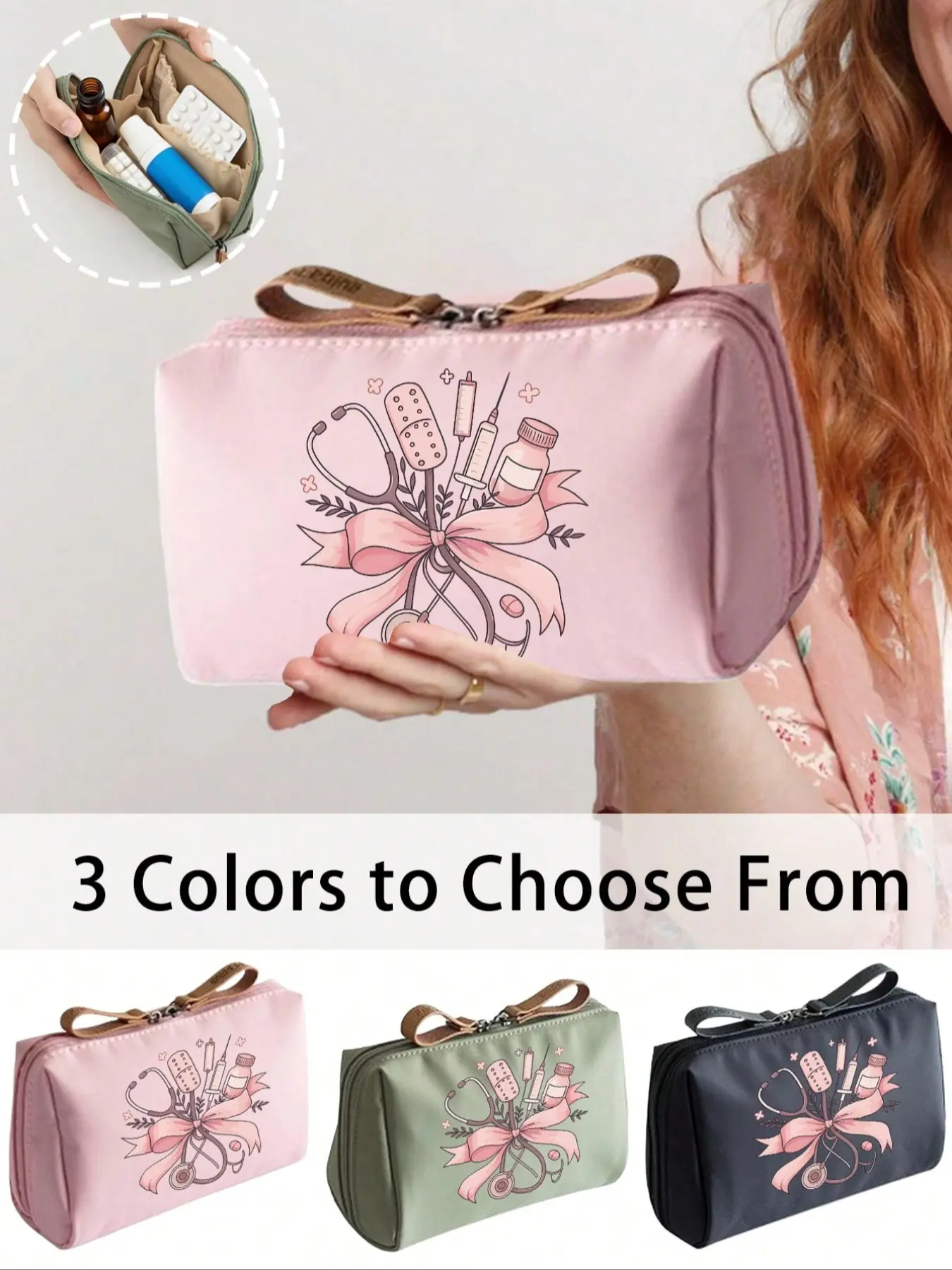 This portable medicine pouch is a compact pillbox, first-aid kit, Medical bag, Travel friendly kit, It features a stethoscope, heart pattern, thermometer, It can also be used as a cosmetic bag, making it a travel medicine organizer