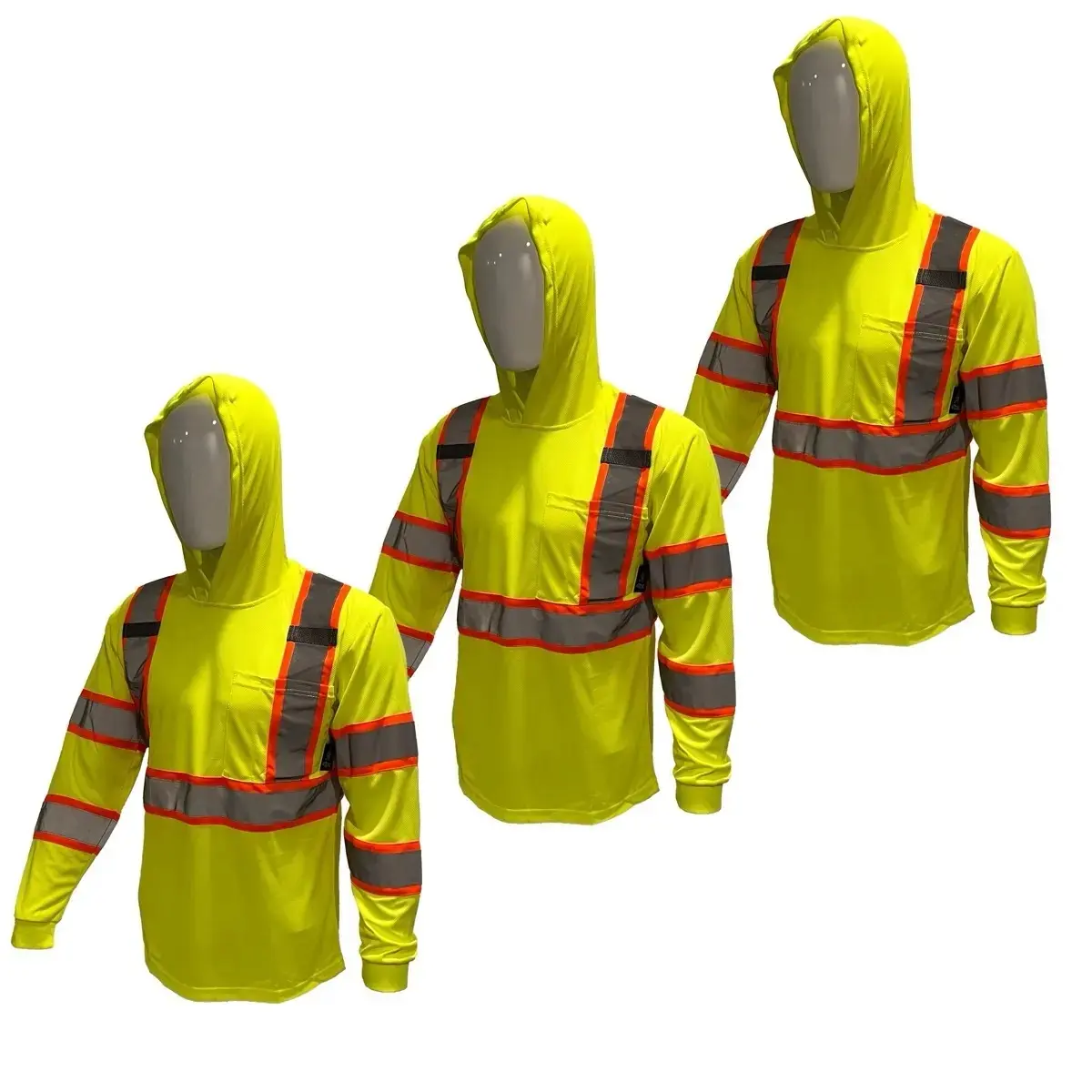 3 PACK SHIRT  High Visibility Hoodie Long Sleeve Safety Shirt with hoodie Polyester Birdeye Mesh in various colors