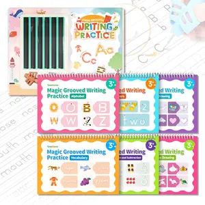 TIMETOME Reusable Grooved Handwriting Workbook for Kids, Learning Materials, 6 Books–Early Elementary, Covers Math, Words, Drawing –Gift for Children Lettering Spiral Notebook school supplies，summer learning workbook