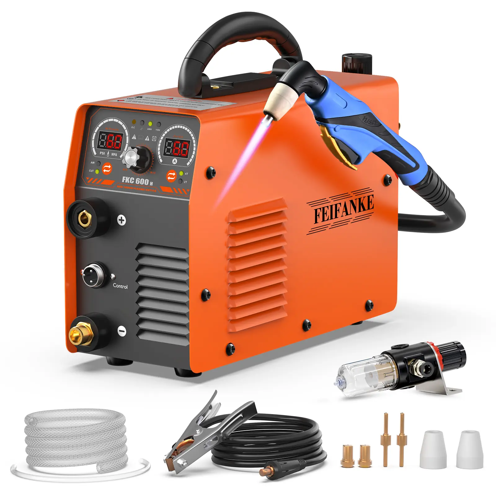 FEIFANKE FKC-600H 60Amp Portable Plasma Cutter 110/220V Dual Voltage Digital Display Full Kit with Adjustable Output, 2T/4T Function, 3/5" Max Cut, 1/2" Clean Cut, Air Sensor, PT31 Torch, Best for Beginner, Work Tools for Construction, Metal Cutting