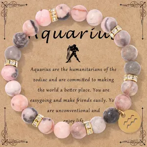 Natural Stone Zodiac Beaded Bracelet - Pink Zebra Stone Beaded Elastic Rope Double Head Bracelet stack charm