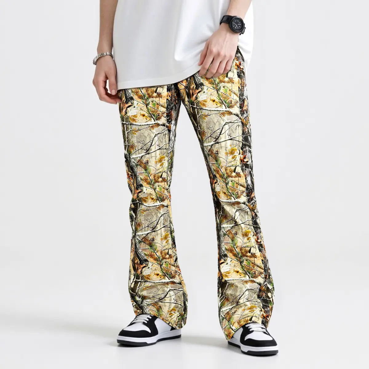 GINGTTO Men’s Camo Stacked Flared Pants Stretch Wide Leg Chino Casual Hip Hop Streetwear Baggy Trousers