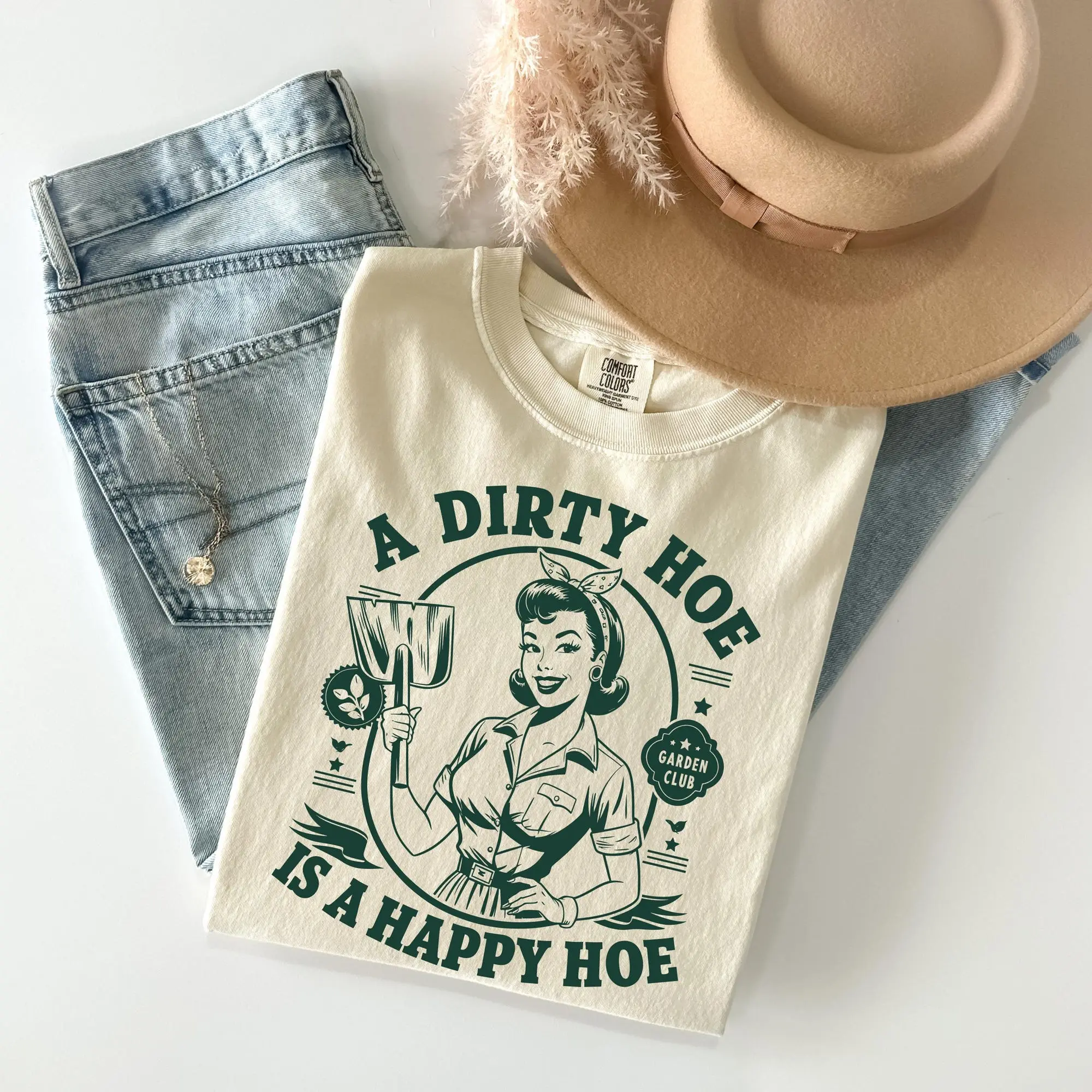 Comfort Colors Retro Gardening Shirt, A Dirty Hoe Is A Happy Hoe T-Shirt, Funny Gardening T-Shirt, Gift For Gardener, Garden Lover Apparel