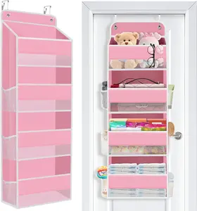 Over the Door Organizer, 4 Large Pocket Hanging Storage Organizer with 40lb Capacity, Space Saving for Nursery, Bathroom, Bedroom, Closet - Baby Essentials & Toiletry Organizer (Pink)