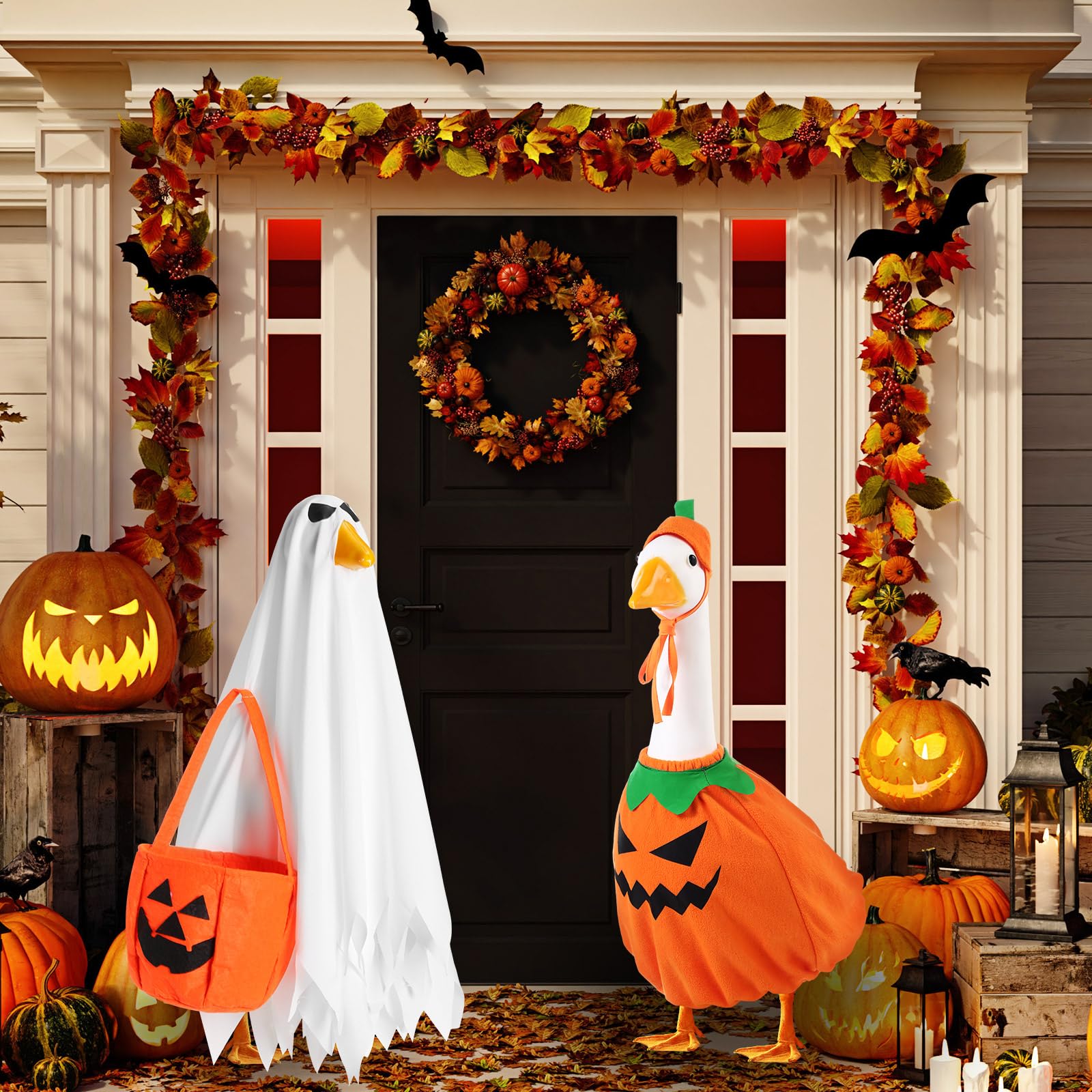 2 Sets Halloween Porch Goose Outfit fit 23 inch Goose, Lawn Porch Goose Clothes Clothing Fall Halloween Outfit for Outdoor Patio Yard Lawn Art Decoration