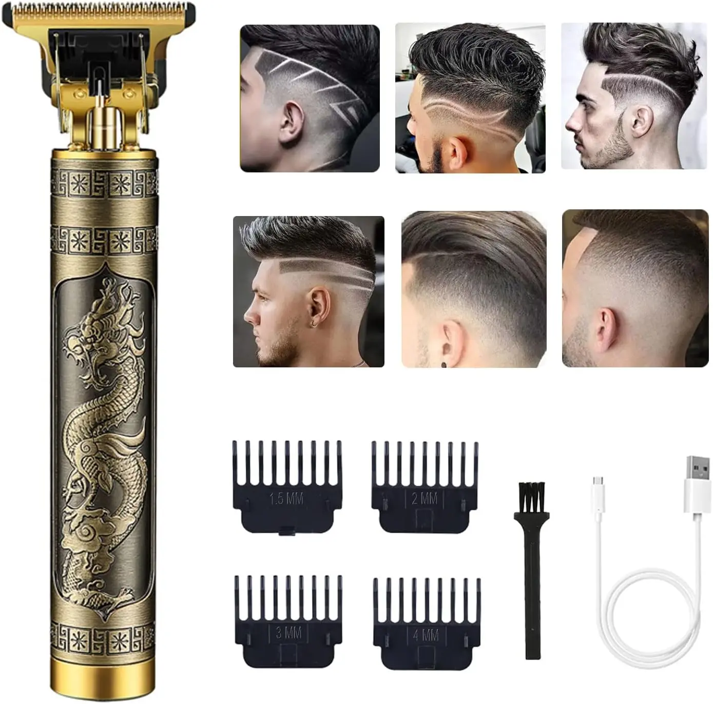 Vintage Dragon Pattern Rechargeable T-Blade Hair Trimmer with Guards, Professional Barber Tool for Men’s Hairline, Fade and Pattern Design