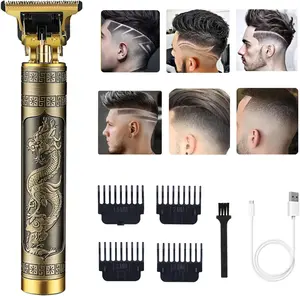 Vintage Dragon Pattern Rechargeable T-Blade Hair Trimmer with Guards, Professional Barber Tool for Men’s Hairline, Fade and Pattern Design