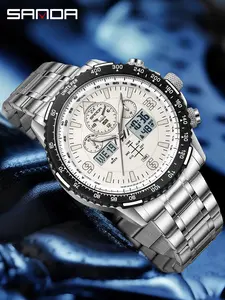 Sanda Multifunctional Sports Tonneau Digital Watch, Dual Display, Waterproof, Detachable Strap, World Time, Stopwatch, 5 Alarms, Casual Style