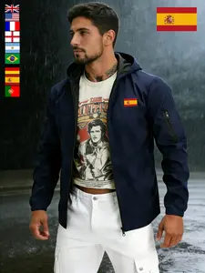 Street-style men's flag jacket, windproof jacket, quick-drying breathable lightweight outdoor jacket, lightweight hooded power outdoor jacket with multiple pockets and zippers. A must-have for fans, full of street style, suitable for commuting and sports.