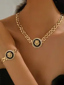 Women's Lion Head Necklace & Bracelet Set, Vintage Metal Style Jewelry for Women, Fashionable Accessories for Daily Wear, Chunky Jewelry Set