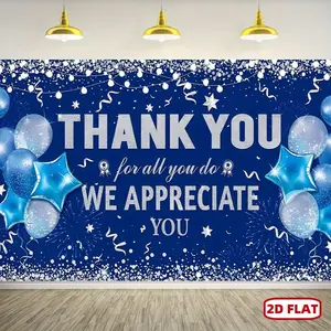 1pc 2D Flat Thank You Banner, Polyester Indoor-Outdoor Party Decoration Supplies for Employee Appreciation, Birthday Party Backdrop with Blue, Silvery Ornaments