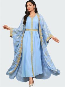 arabic clothing-floral print embroidered abaya & belted long dress set, casual elegant modesty islamic set for daily wear, women's islamic maxi clothing for spring & fall, formal dresses, modest muslim clothing