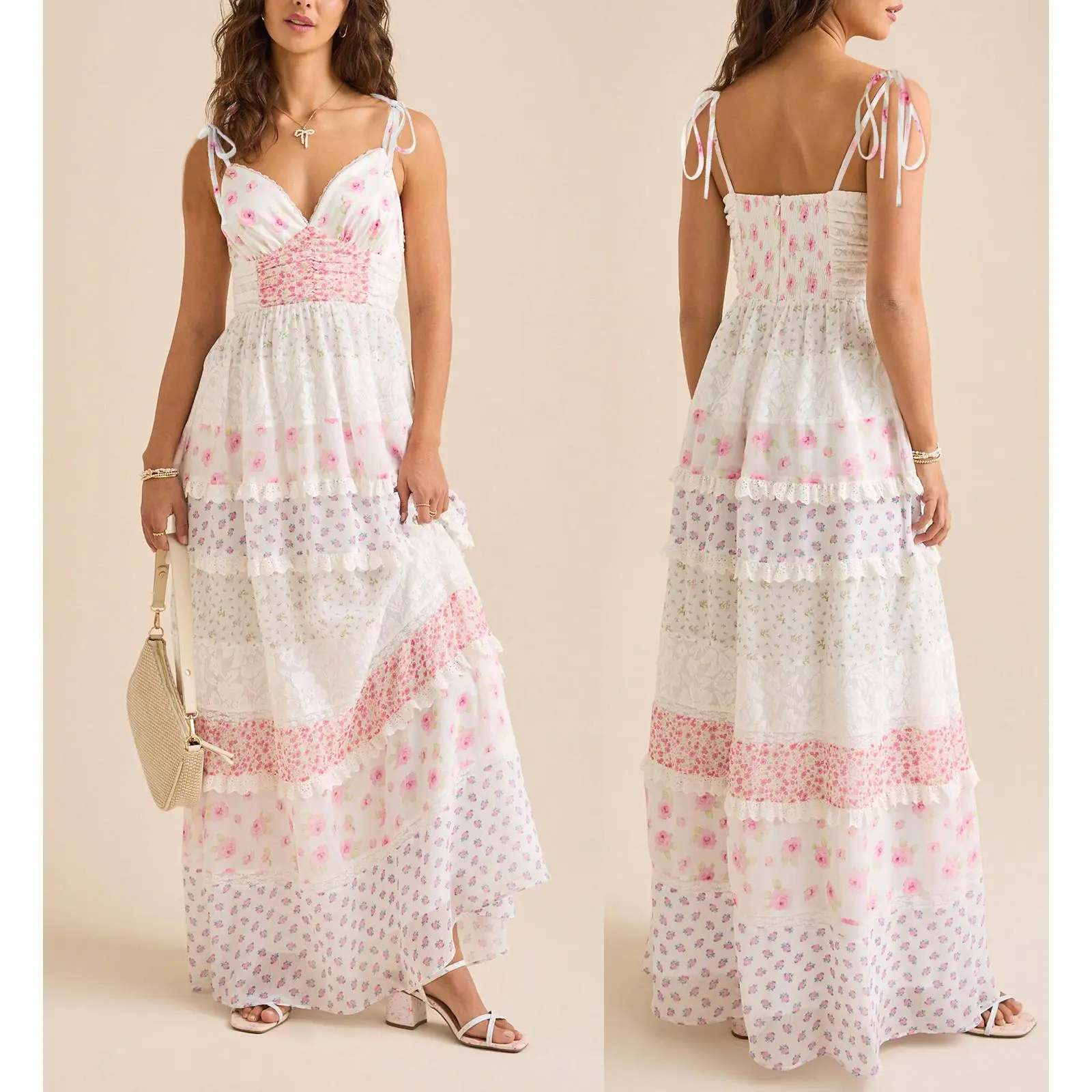 Lady's Sleeveless Polyester Casual Wear Floral Print Dress - Tie Shoulder, Deep V-Neck, Spaghetti Strap, Backless, A-Line, Layered Ruffled Long Dress