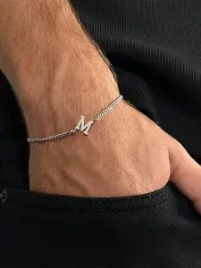 Men's Fashion Silver Color Stainless Steel Chain Bracelet, Stainless Steel Bangle, Casual Letter Pattern, All Seasons Jewelry Accessory, Letter Link Bracelet