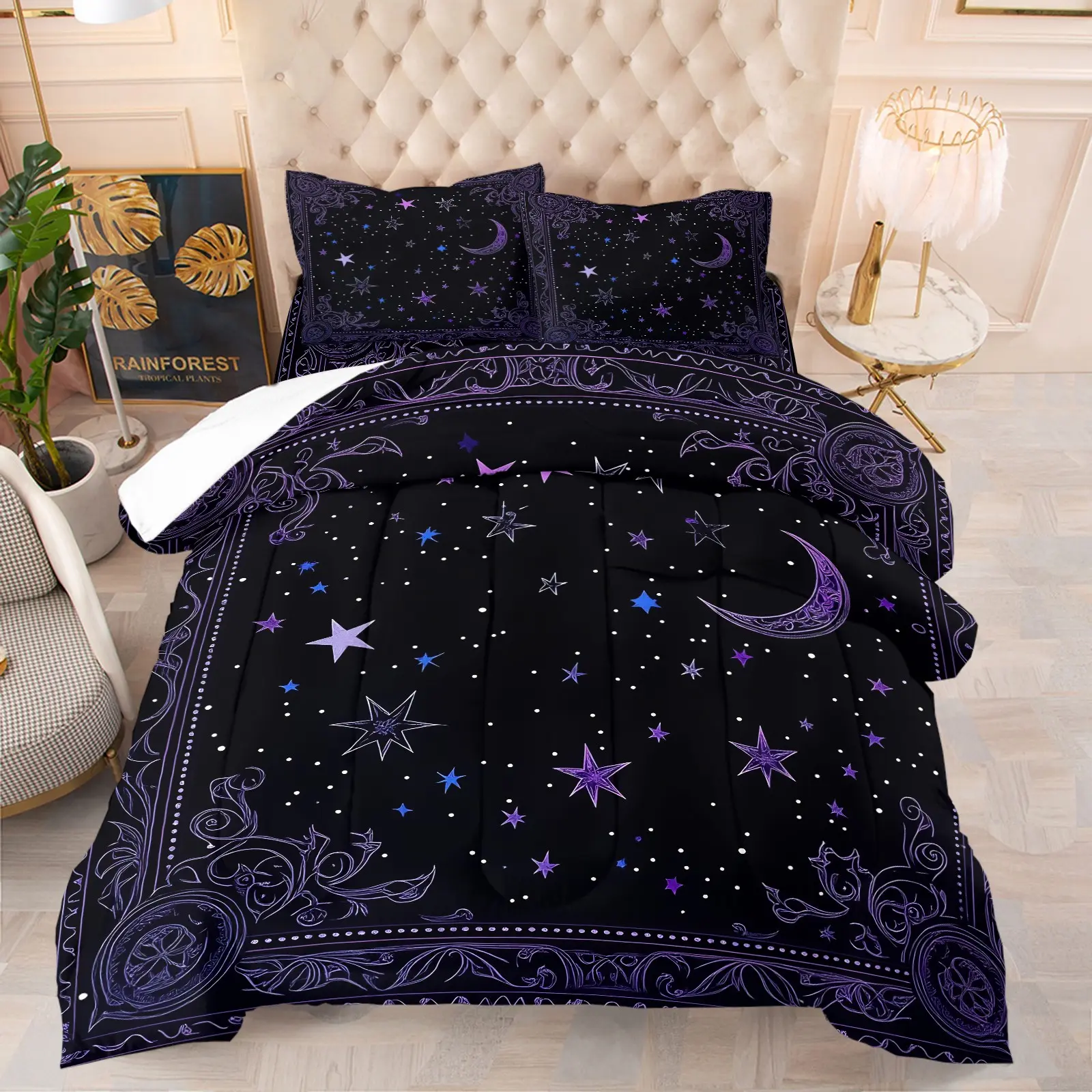 Mystical Purple Moon & Star Comforter Set, Soft Breathable Gothic Night Sky Bedding, Cozy Bedding Set, 1 Quilt + 1/2 Pillowcases, Unique Witchy Gift Quilt for Bedroom, Dorm & Guest Room, Twin/Full/Queen Size, Print Bedding Set