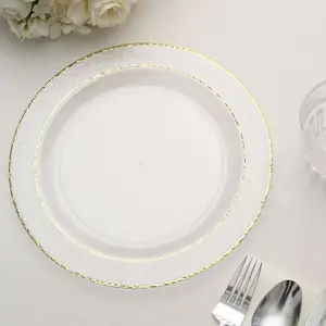 10-Pack Plastic Round Dinner Plates 10" Clear Hammered Design with Gold Rim - Disposable Party Plates