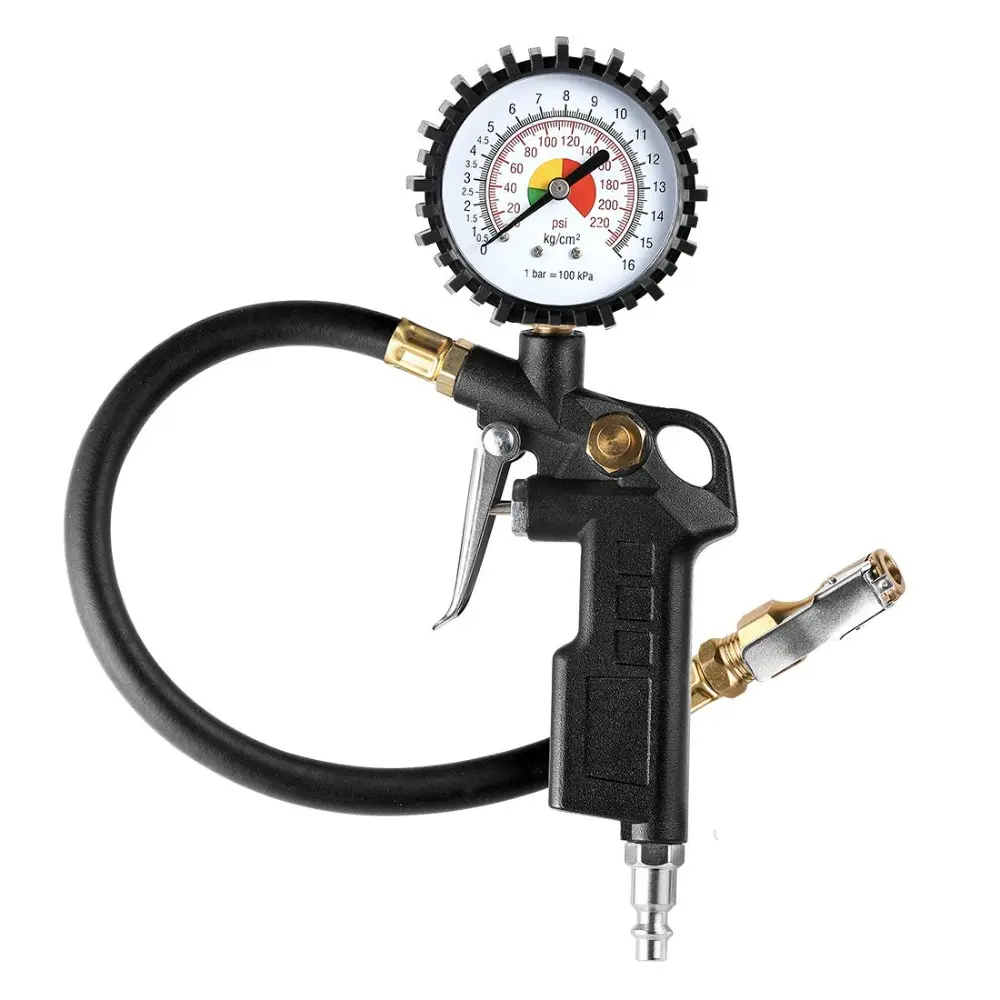 Tire Inflator Deflator with Air Pressure Gauge and Rubber Hose, 2.5" Dial Wheel Inflator Gage with Straight Brass Lock-on Chuck, Compatible With Air Pump Compressor For RV, Car, Motorcycle, Bike