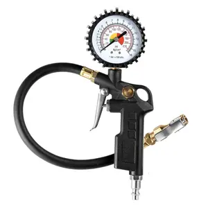 Tire Inflator Deflator with Air Pressure Gauge and Rubber Hose, 2.5" Dial Wheel Inflator Gage with Straight Brass Lock-on Chuck, Compatible With Air Pump Compressor For RV, Car, Motorcycle, Bike