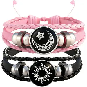 Valentines Christmas  Leather Braided Stacked Bracelets Set for Men Women, Luminous Black   Adjustable Matching Bracelet Couple Friendship Winter Fashion Holiday Accessories
