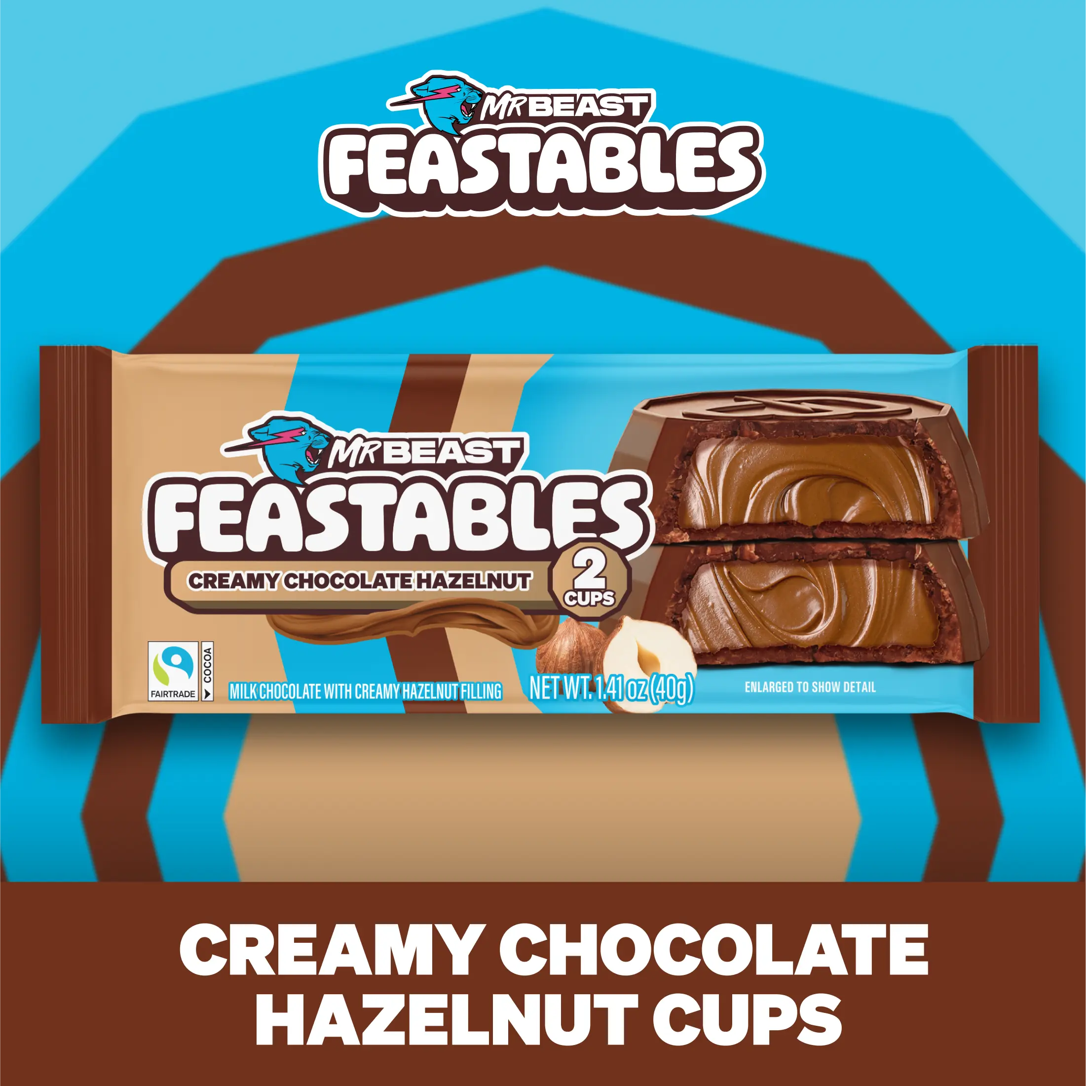 Feastables by MrBeast - Hazelnut Cups - Milk Chocolate with Creamy Hazelnut Filling for Adults & Kids, Chocolate, Candy, Cocoa Sweet & Crunchy Snack, Fairtrade Certified, Kosher, Perfect for Gifting or Snacking