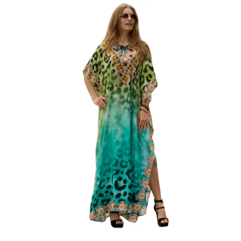 Women's Plus Size Boho Caftan Dress in Leopard Print - Breathable Rayon Casual Wear, Long Curvy Clothing Beach Cover Up with Batwing Sleeves, Boho Lounge Dress, Half Sleeve, Side Slit, Boho Print