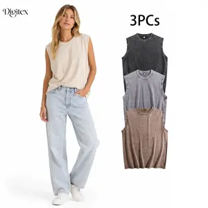 Digitex Women’s 3-Piece Acid Wash Oversized Sleeveless Tank Top Set - Soft Cotton Aesthetic Minimalist Fabric, Lightweight, Breathable Summer Tops for Casual Wear & Gym Outfits (Vibe-Focused)