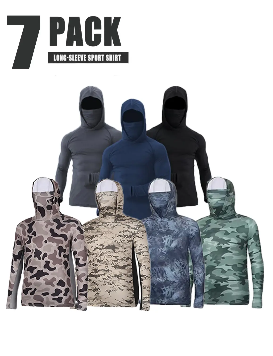 7pcs Men's 2026 Quick-Dry Long-Sleeve Hoodie Casual Hoodie, Fitted-Cut Breathable Workout Tops with Face Mask, Sun-Protective Activewear for Fishing, Outdoor Sports, Longsleeves Hoodie Sweatshirts Sweatshirts