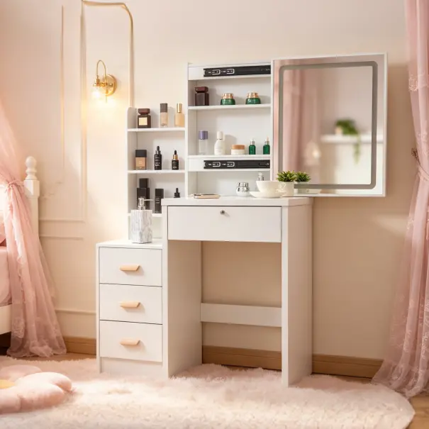 Bedroom Vanity Set (with LED Mirror, Stool, and Storage Shelves)