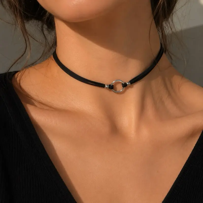 Women's Black Adjustable Layered Velvet-Leather Lace Collar Choker, Female Daily Pendant Chain Necklaces